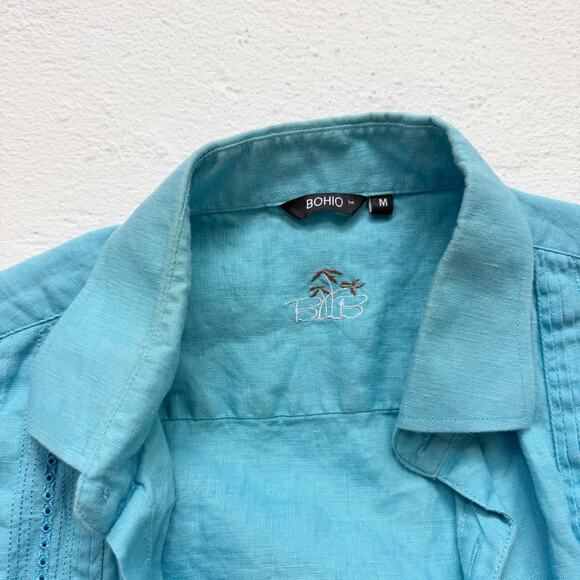 Bohio Blue Linen Button Up Pleated Embroidered Shirt, Size Medium - Picture 6 of 8